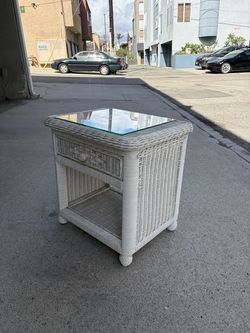 Vintage White Wicker Nightstand / Side Table with Drawer + Glass Top, 22" W x 23.5" H