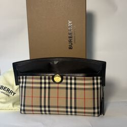 Burberry Calf Leather Clutch With Original Canvas 