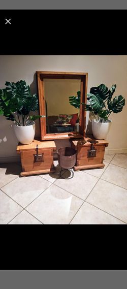 Primitive/Mexican Style Pine 3 pc. End Table and Mirror