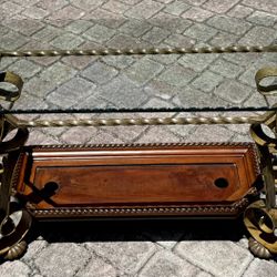 ⚡️ Heavy Ornate Glass Console Table – Wrought Iron & Wood Base