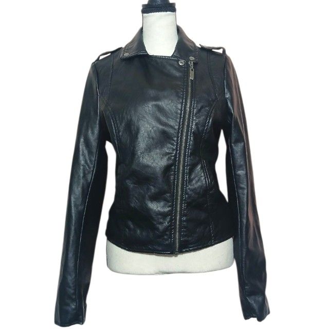 Y2K Vintage Faux Leather Vegan Arizona Jean Black Motorcycle Fitted Jacket