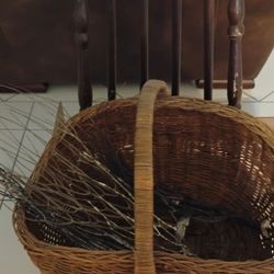 ANTIQUE WOODEN CHAIR & BASKET w TREE BRANCHES