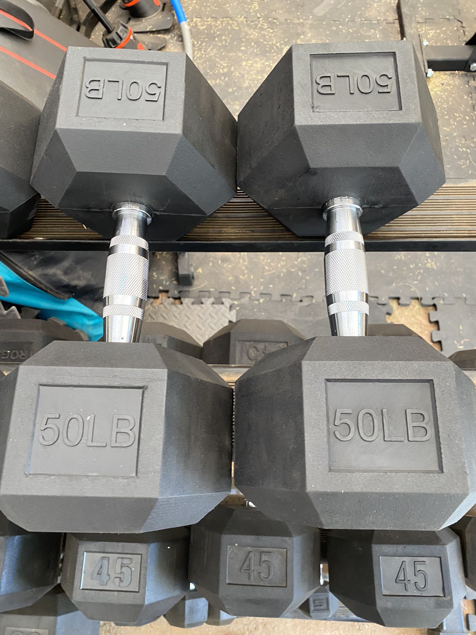 50lb Hex Rubber Dumbbell Set Weights 