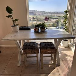 White Farmhouse Dining Set - Table, Bench, Two Barstools