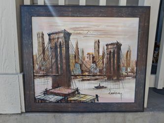💥 MID-CENTURY MODERN! Signed Brooklyn Bridge Original Oil Painting (Large 28x25)