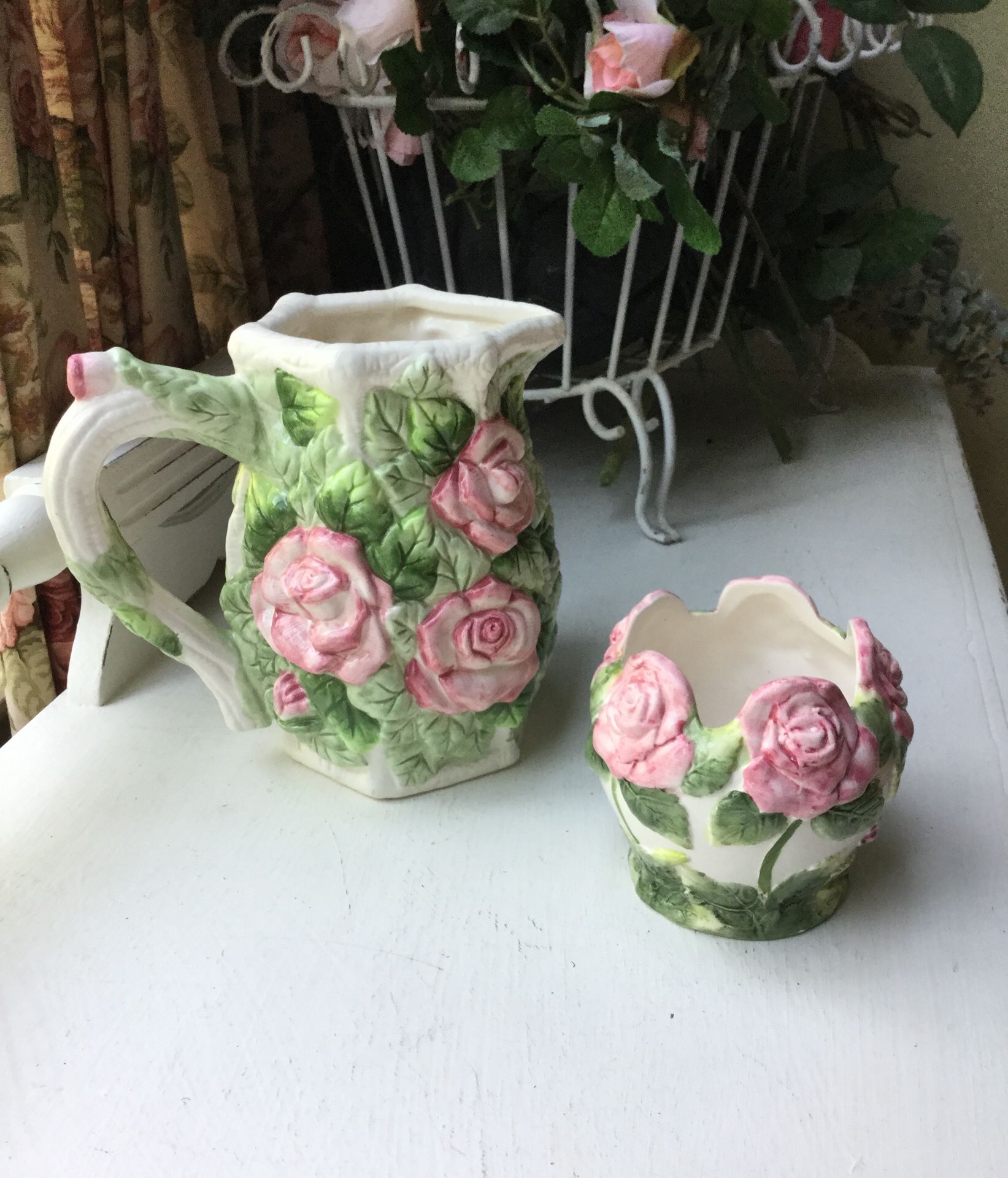 Shabby Chic Rose Pitcher and Cache Vase Pot