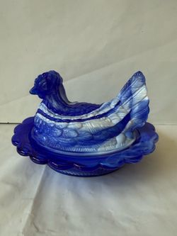 Vintage Mosser Cobalt Blue Milk Slag Glass Hen on Nest Lidded Candy Dish