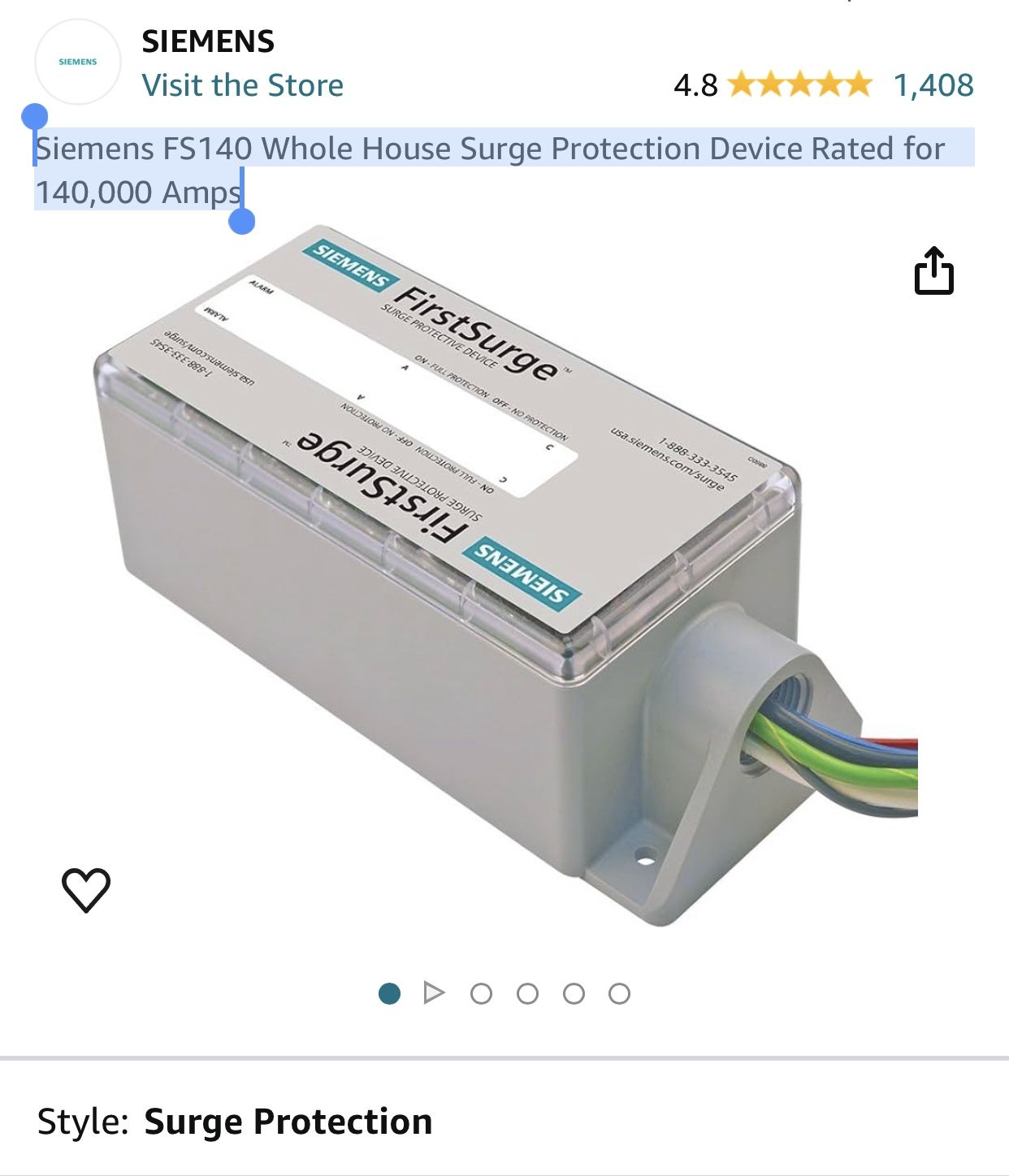 Siemens FS140 Whole House Surge Protection Device Rated for 140,000 Amps
