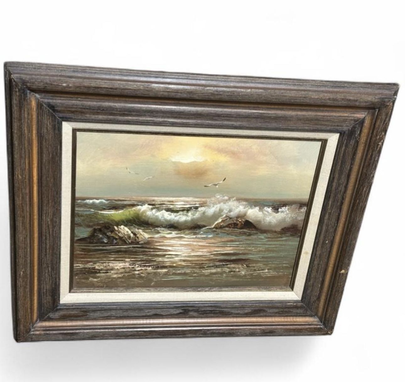 Vtg Seascape Ocean Oil Painting with Waves and Sunset 23 3/4” x 19 1/8”