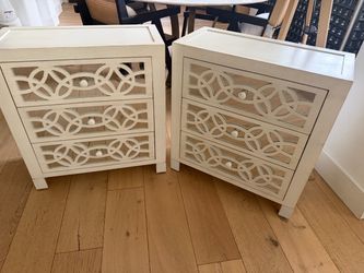 Pair of White 3-Drawer Nightstands with Lattice Detail