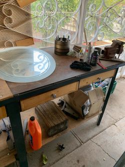 Wooden Work Bench with Drawers and Shelf