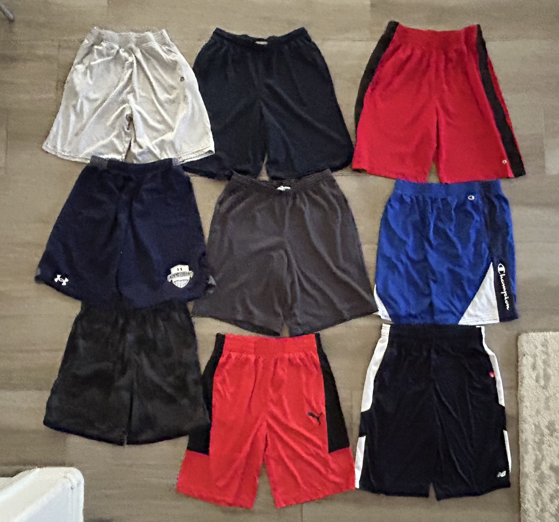 Boys Youth Athletic Shorts Lot Of 9 Pairs Elastic Waist Under Armour Puma New Balance Hanes Champion Reebok Youth XL Adult Small S