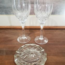 Pair Of Beautiful Crystal Wine Glasses Featuring Intricate Cut Design Plus Floral Etched Crystal Cut Heavy Clear 4.5" Glass Dish With 4 Rest! 