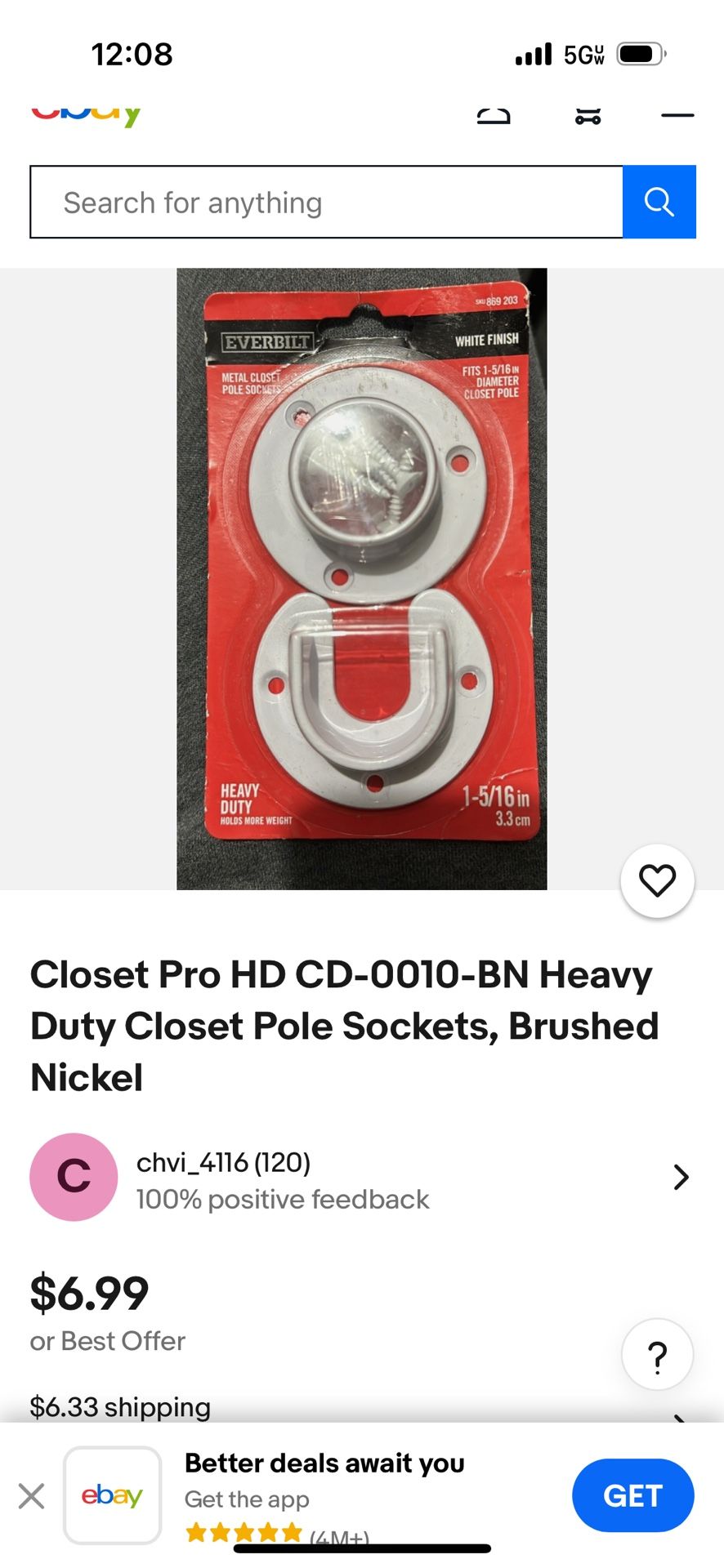 Closet Pro HD CD-0010-BN Heavy Duty Closet Pole Sockets, Brushed Nickel