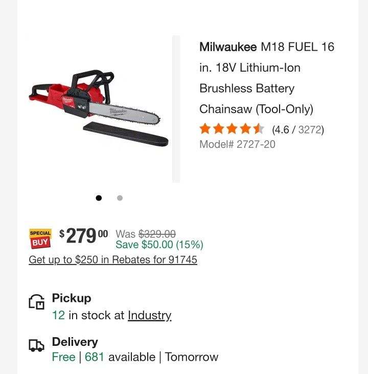 Milwaukee M18 FUEL 16 in. 18V Lithium-Ion Brushless Battery Chainsaw (Tool-Only)