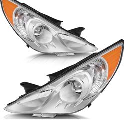 Headlight assembly fit for 2011-2014 11 12 13 14 2011 2012 2013 2014 Hyundai Sonata Headlights Driver Side and Passenger Side (Chrome Housing Amber Re