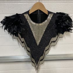 Vtg Glass Bead and Feather Shrug Black Silver Festival Rave Costume 