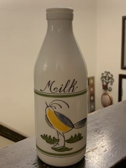 Vintage 1960's Egizia Opaque White Hand Painted Bird Scene Glass Milk Bottle