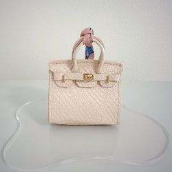 Mini Bag Charm – Soft Blush Faux Snakeskin Designer Style with Twilly Accent