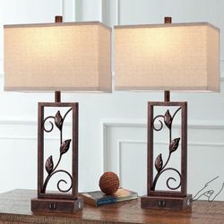 Set of 2 24" Farmhouse Leaf Touch Control Bronze Metal Table Lamps with Fabric Shade - Retail $80