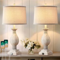 Set Of 2 Rustic Farmhouse Table Lamps for Living Room  with USB Charging Ports, Vintage Traditional Bedside Table Lamp for Bedroom Nightstand
