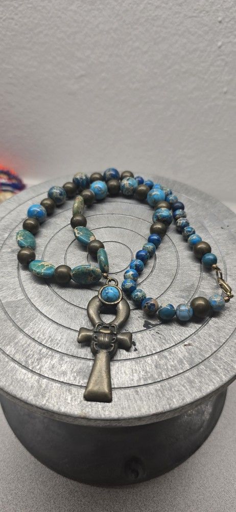 VTG Egyptian Ankh Scarab Cross Blue Magnesite Beaded Necklace