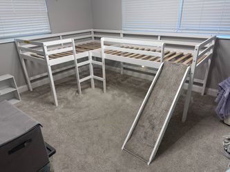 Twin Bunk Bed / L-Shaped Corner Loft Bed with ladder & Slide