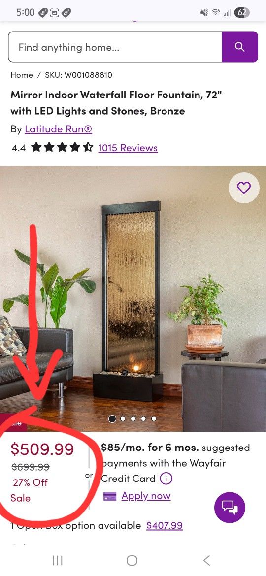 Mirror Indoor Waterfall Floor Fountain 6ft Tall Bronze