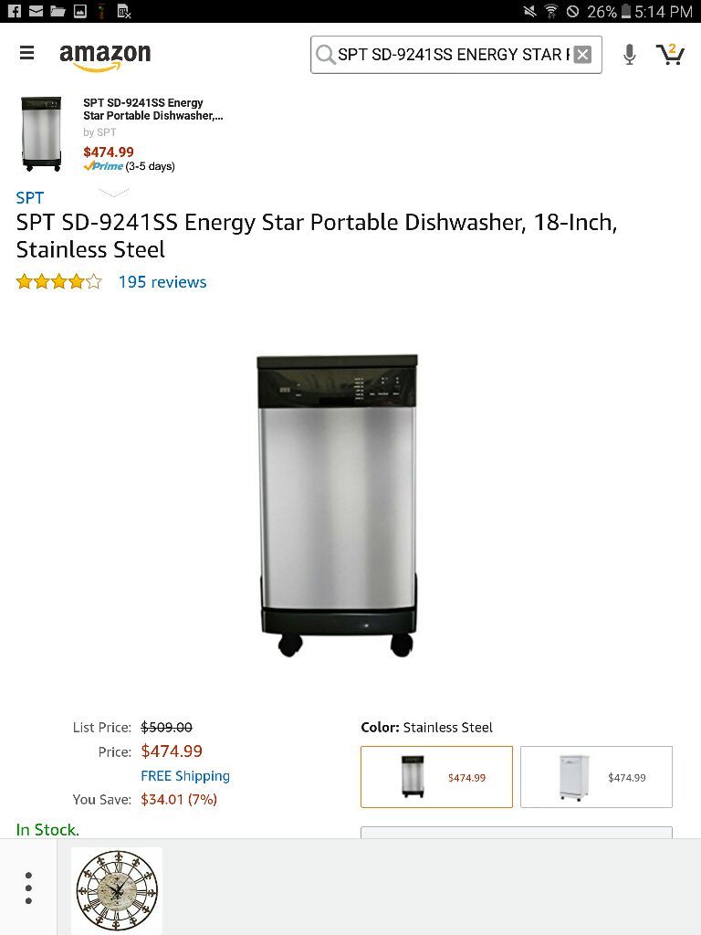 USED SPT SD-9241SS ENERGY STAR PORTABLE DISHWASHER, 18-INCH, STAINLESS STEEL