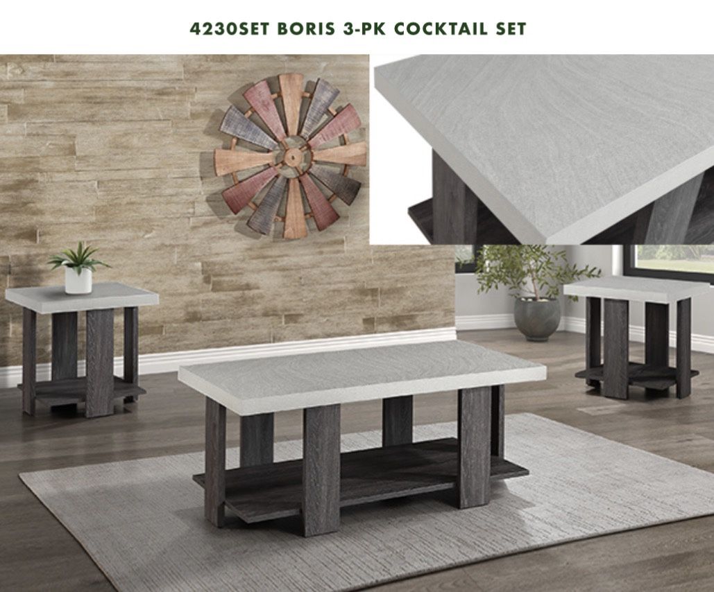 3 PC COFFEE TABLE SET. GRAY HUE FAUX STONE FINISH