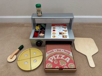Melissa & Doug Wooden Pizza Counter Pretend Play Set w/ Pizza Box Menu Toppings