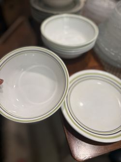 Corelle Green Stripe Bowls (5) + Plates (2)
