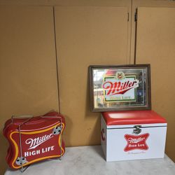Miller High Life Vintage Bar Decor Lot – Cooler, BBQ & Framed Mirror 🍻
