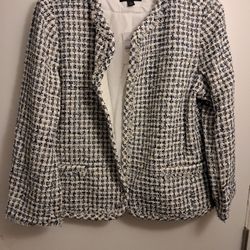 Woman's Taylor Blue White Shimmer Fringed Tweed Jacket Size 16.