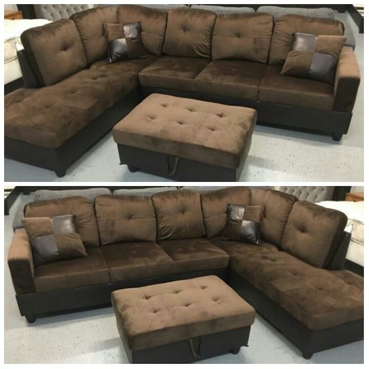 Brand New Brown Microfiber Sectional With Storage Ottoman