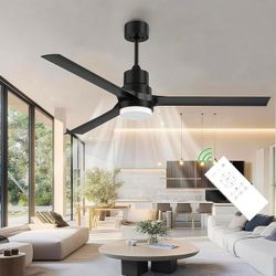 52 Inch Black Ceiling Fan with Light and Remote 3 Color 6 Speed Adjustab