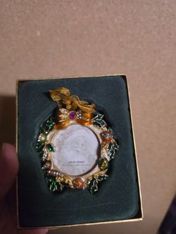 Costco jeweled gold tone frame wreath ornament bow holy Christmas t