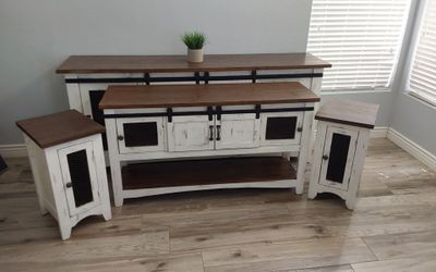 Beautiful 79" farmhouse TV stand with two matching end tables and sofa table