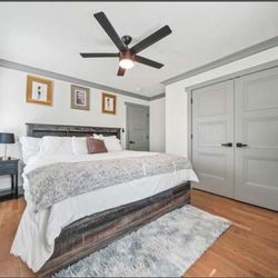 Drystan King Bookcase Bed w/2 Storage Drawers w/ Mirrored Dresser, Chest, 2 Nightstands, & mattress