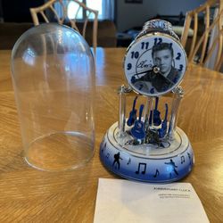 Elvis Presley Silver Anniversary Clock Porcelain Base Guitars Rotate Glass Dome