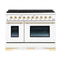 New In Box Hallman 48” Classico Gas Range in White and Gold (w/ griddle and grill accessory)