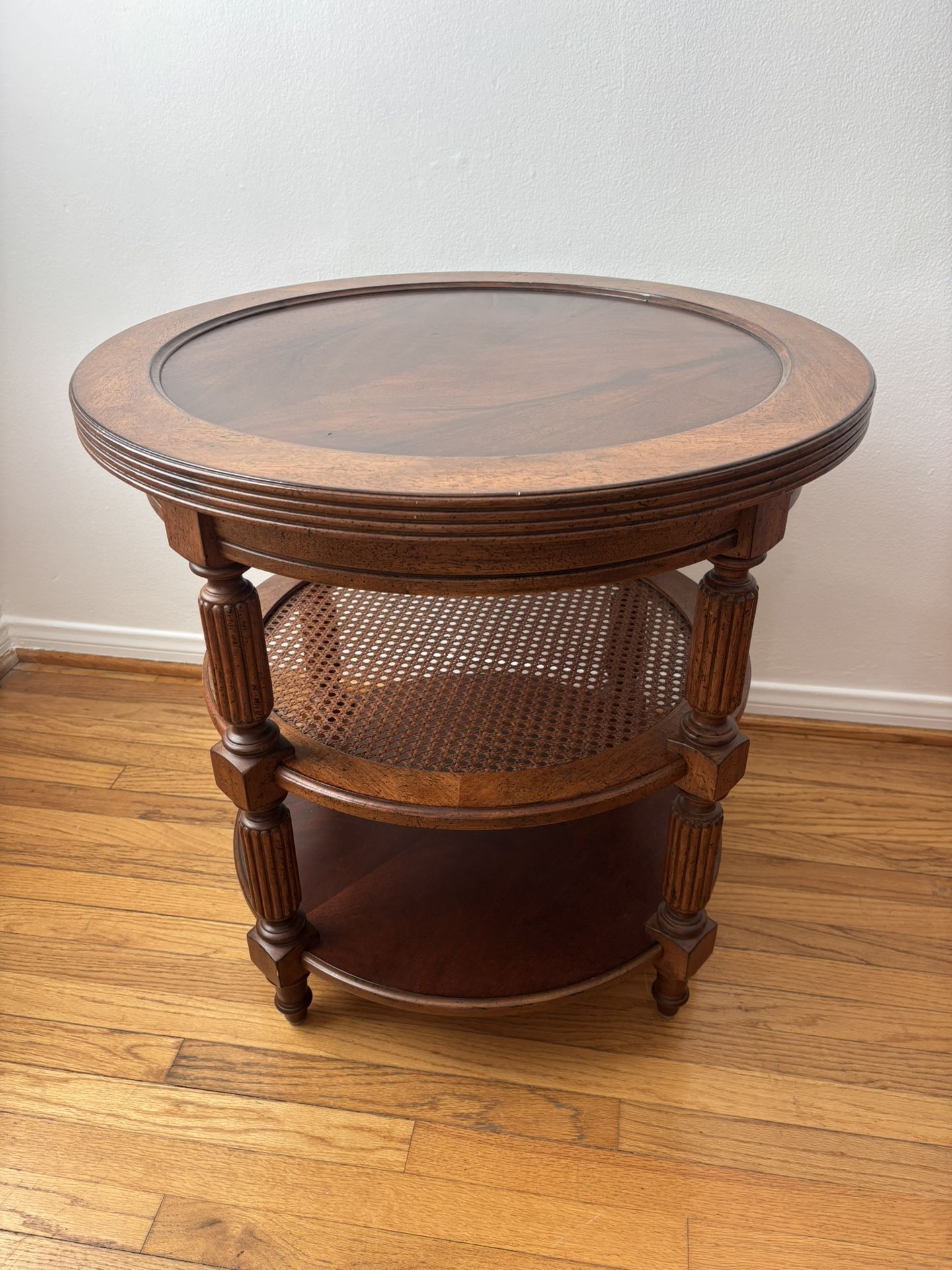 Wooden Side Table with Cane Shelf 