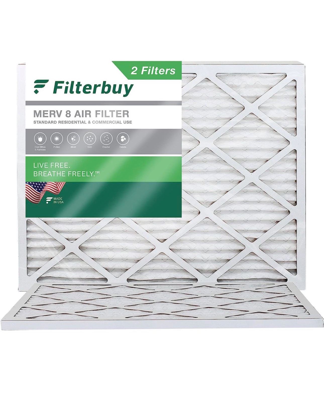 Filterbuy 21x22x1 Air Filter MERV 8 Dust Defense (2-Pack), Pleated HVAC AC Furna