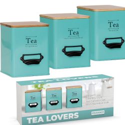 Metal Tea Tin Set - Tea Storage Canister with Bamboo Sealed Ring Lids For Kitchen or Pantry, Tea Bag Storage, Loose Leaf Teas, Farmhouse Décor