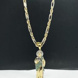 14k solid Gold fígaro Rope two tone gold and San Judas 3D  charm , Necklance gold pendant