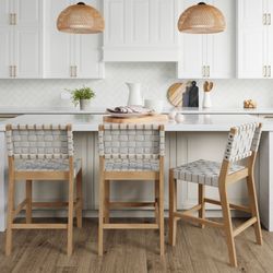 Faux Leather Woven Counter Height Bar Stools White (Set of 3)