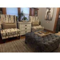 Wing Back Chairs-Ottoman-Cabinet-Rug for sale.