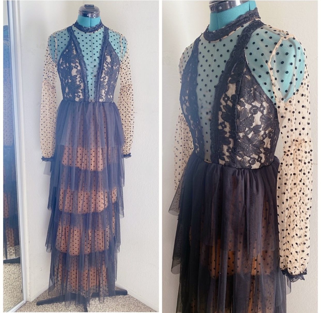  Gothic Victorian Tiered Black And Orange Tulle Mesh Dress M