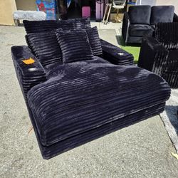 Brand New Oversize Chaise 2 Cup Holder Corduroy Fabric Black USB OUTLET $489