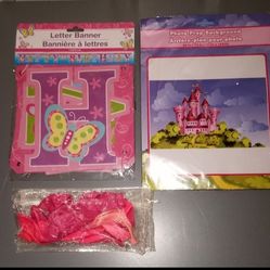 NEW pink princess birthday decor (castle backdrop, sign and balloons) $5 FIRM for all!